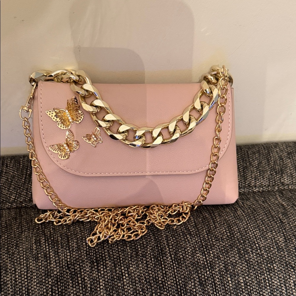 Pink Butterfly Accent Chain Shoulder Bag